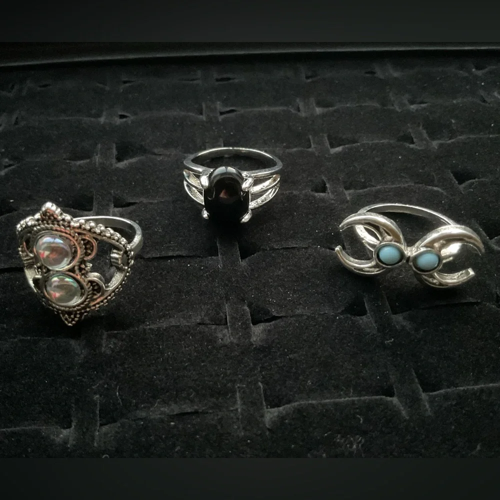New x3 Silver Tone Rings Crystal Black Stone Trendy Fashion Ring Set  Size 7 / 8